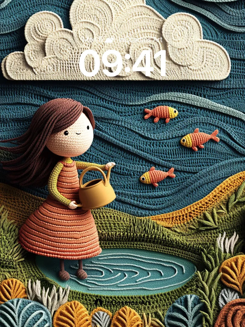 Whimsical Knit Landscape Wallpaper with Floating Fish wallpaper for iPhone, iPad & Mac
