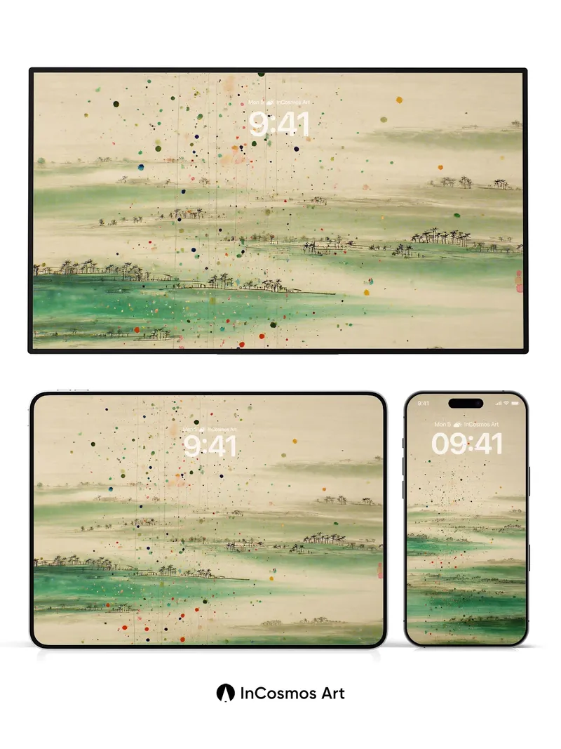 Serene Jade Mist Wallpaper with Painted Rain