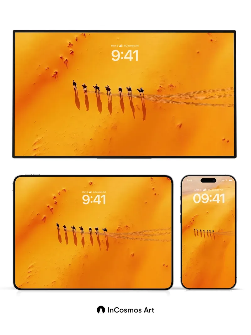 Golden Dune Mirage Wallpaper with Camel Caravan