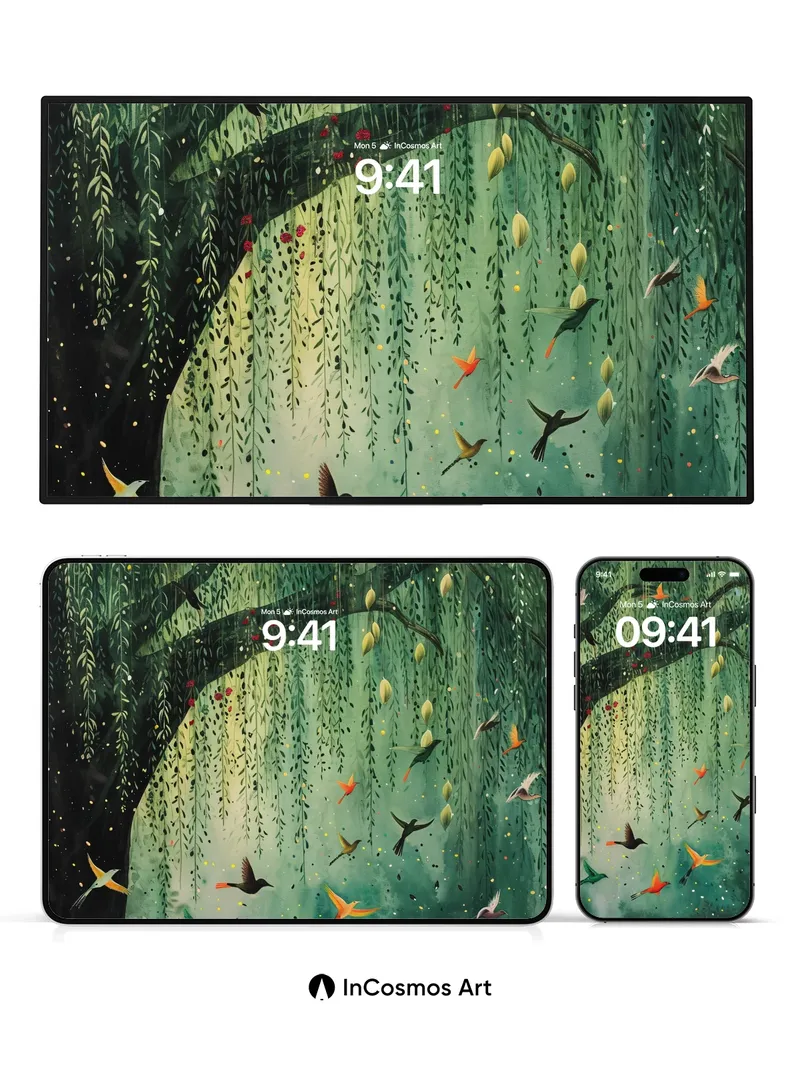 Whispering Canopy Wallpaper with Fluttering Feathers