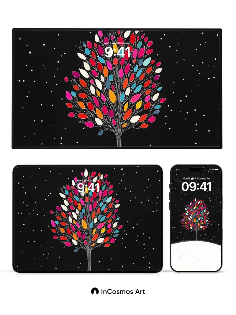 Starry Silence Wallpaper with Rainbow Leaves