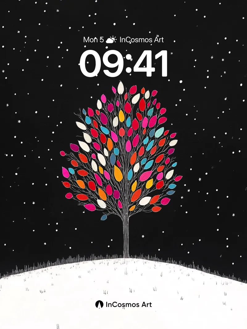 Starry Silence Wallpaper with Rainbow Leaves