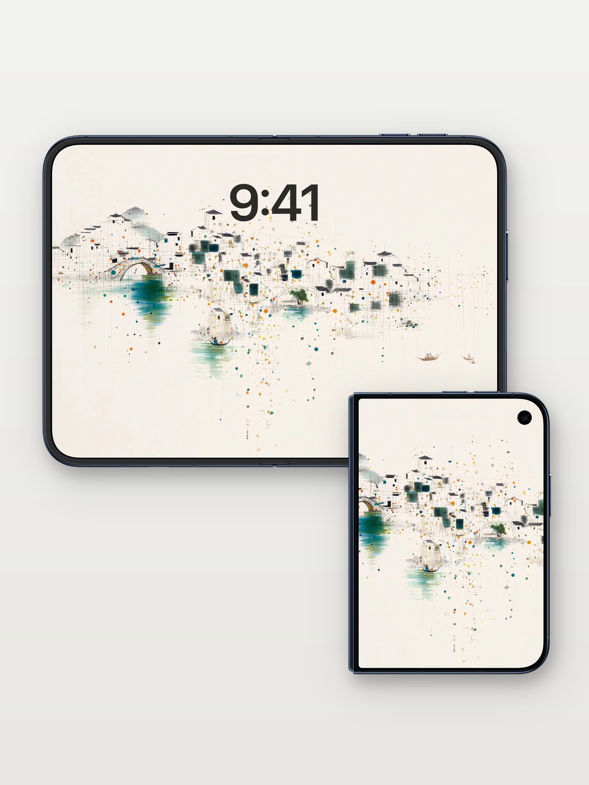 Serenity Splash Wallpaper with Floating Ink Dots on iPhone Duo, open and closed