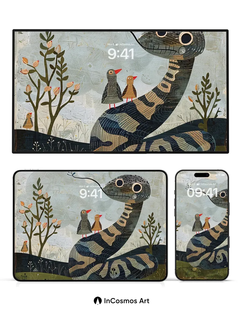 Whimsical Serpent Wallpaper with Feathered Friends