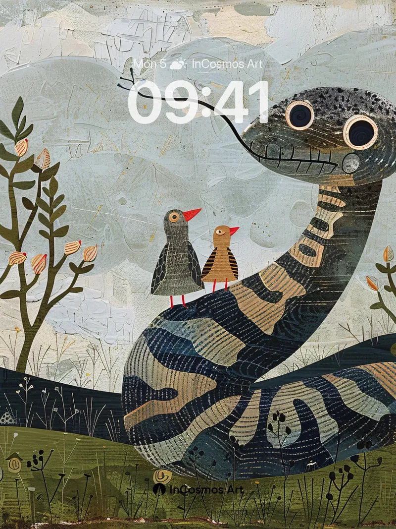 Whimsical Serpent Wallpaper with Feathered Friends