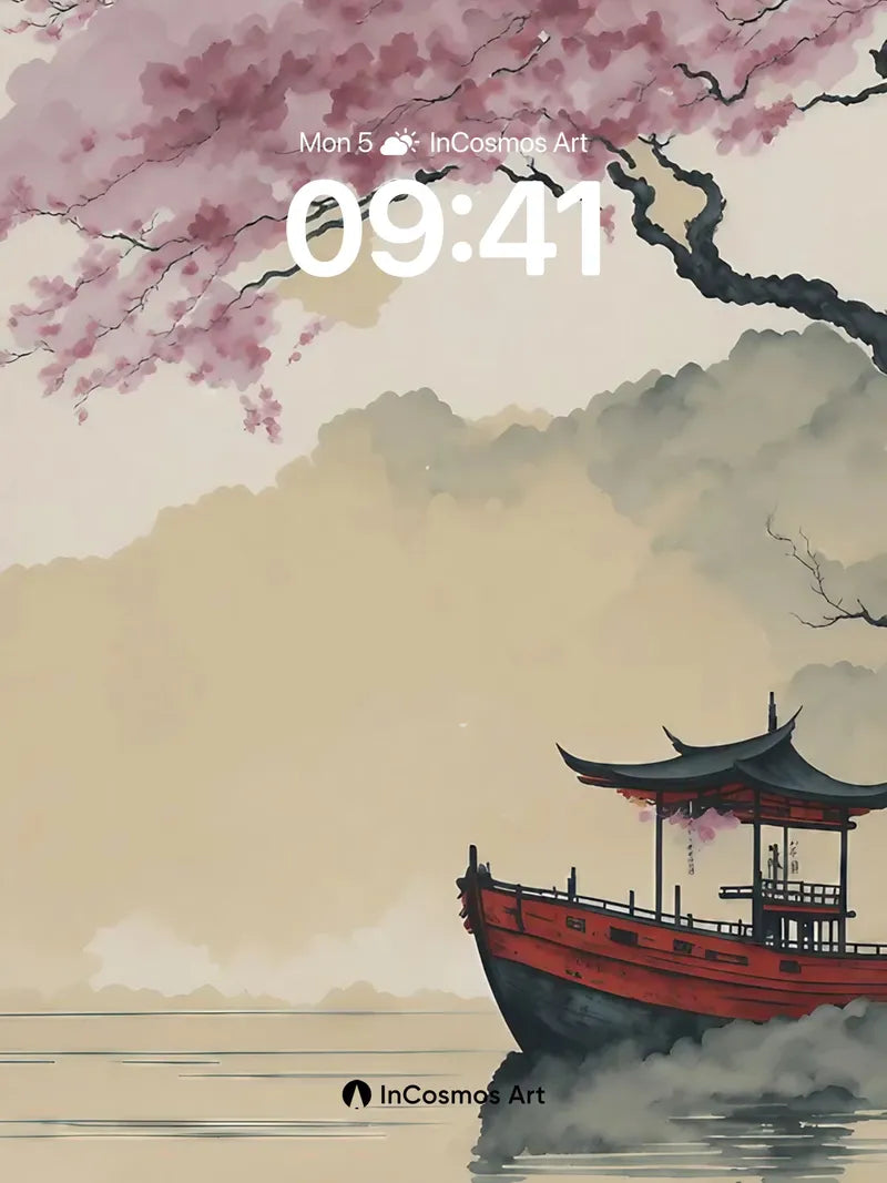 Serenity Blossom Wallpaper with Floating Pavilion wallpaper for iPhone, iPad & Mac