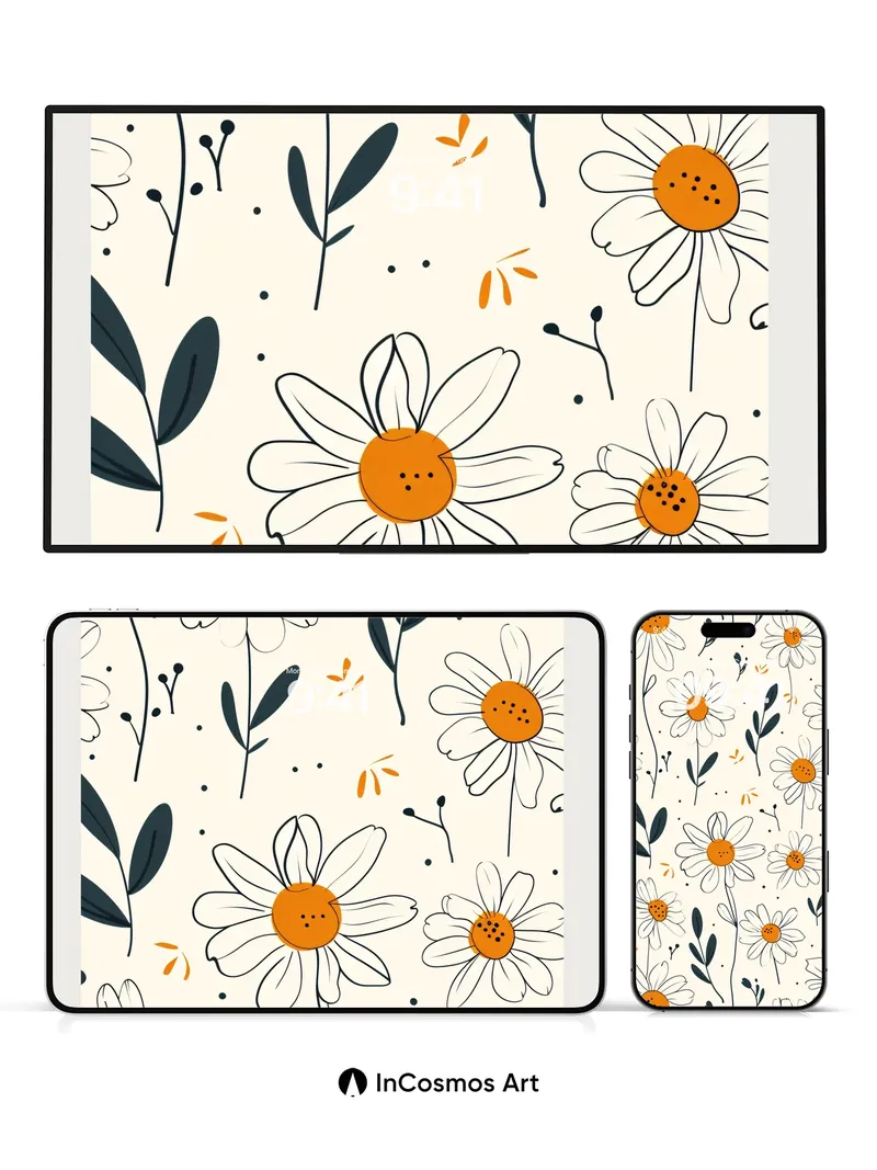 Whispering Daisy Wallpaper with Ink-Lined Leaves