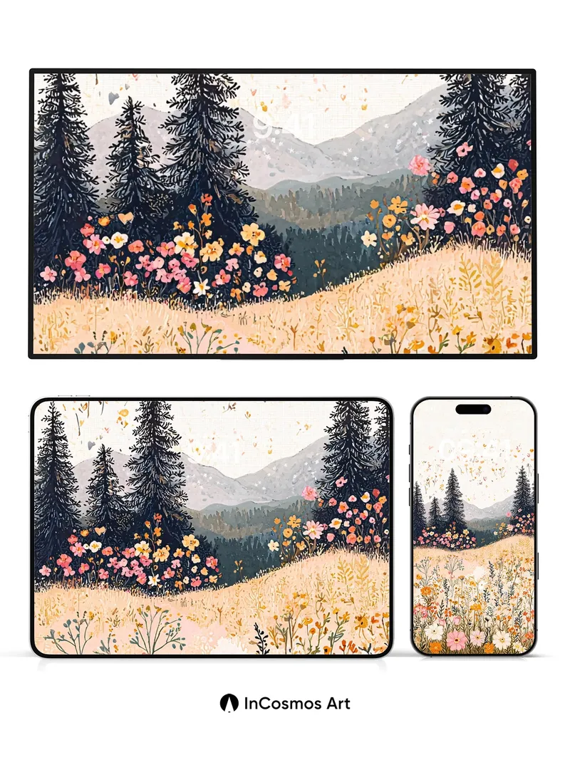 Whispering Meadow Wallpaper with Floating Petals