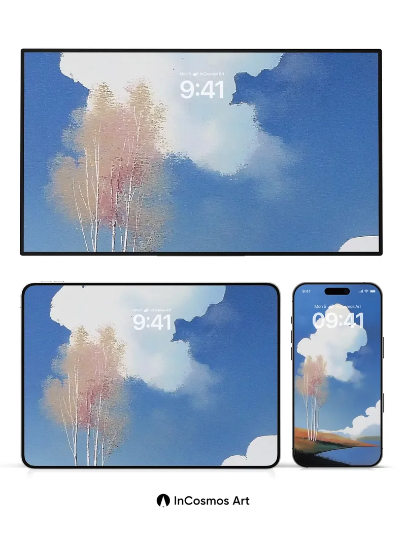 Serene Birch Grove Wallpaper with Floating Clouds