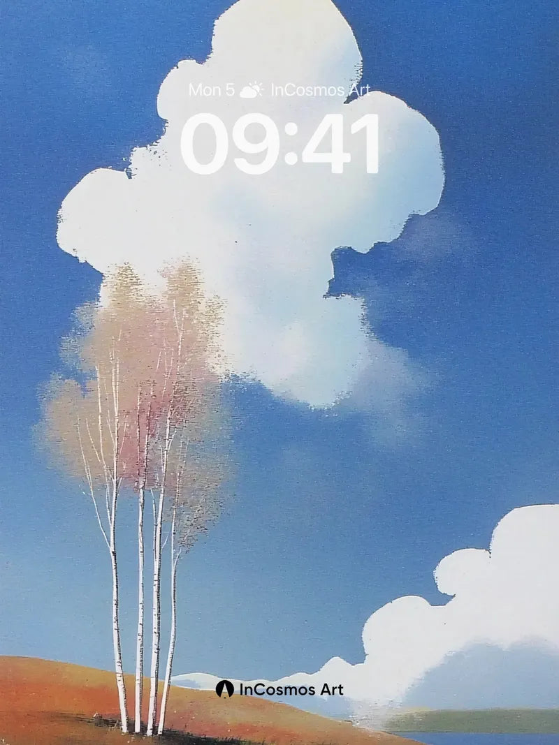 Serene Birch Grove Wallpaper with Floating Clouds