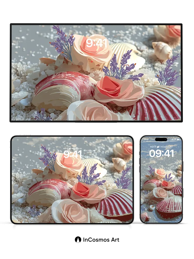 Serene Shell Garden Wallpaper with Lavender Whispers