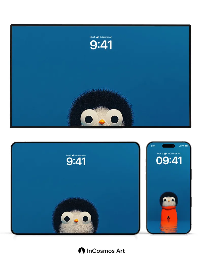 Serene Penguin Wallpaper with Mini Human Reflection