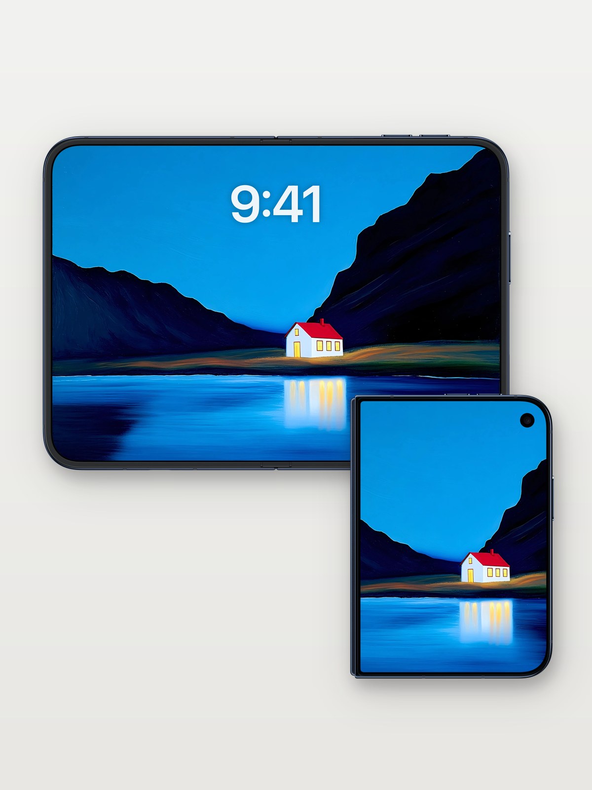Serene Mountain Lake Wallpaper on iPhone Duo, open and closed