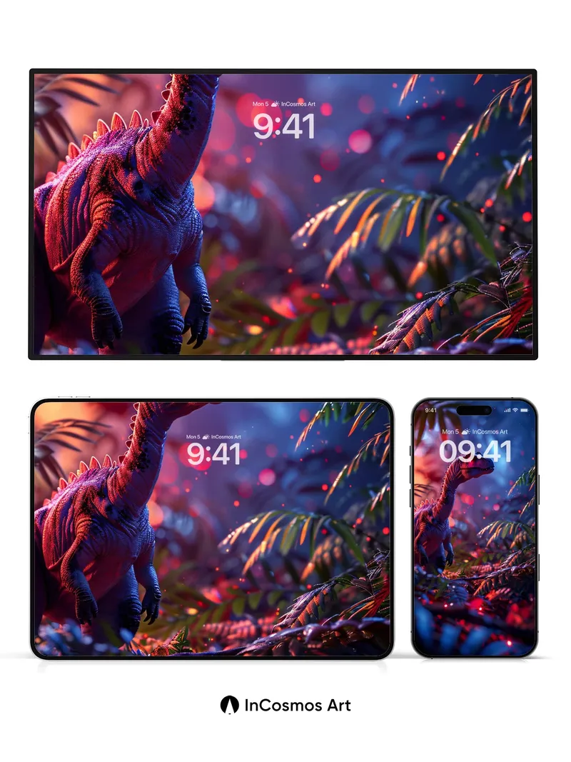 Crimson Dinosaur Wallpaper with Bioluminescent Forest