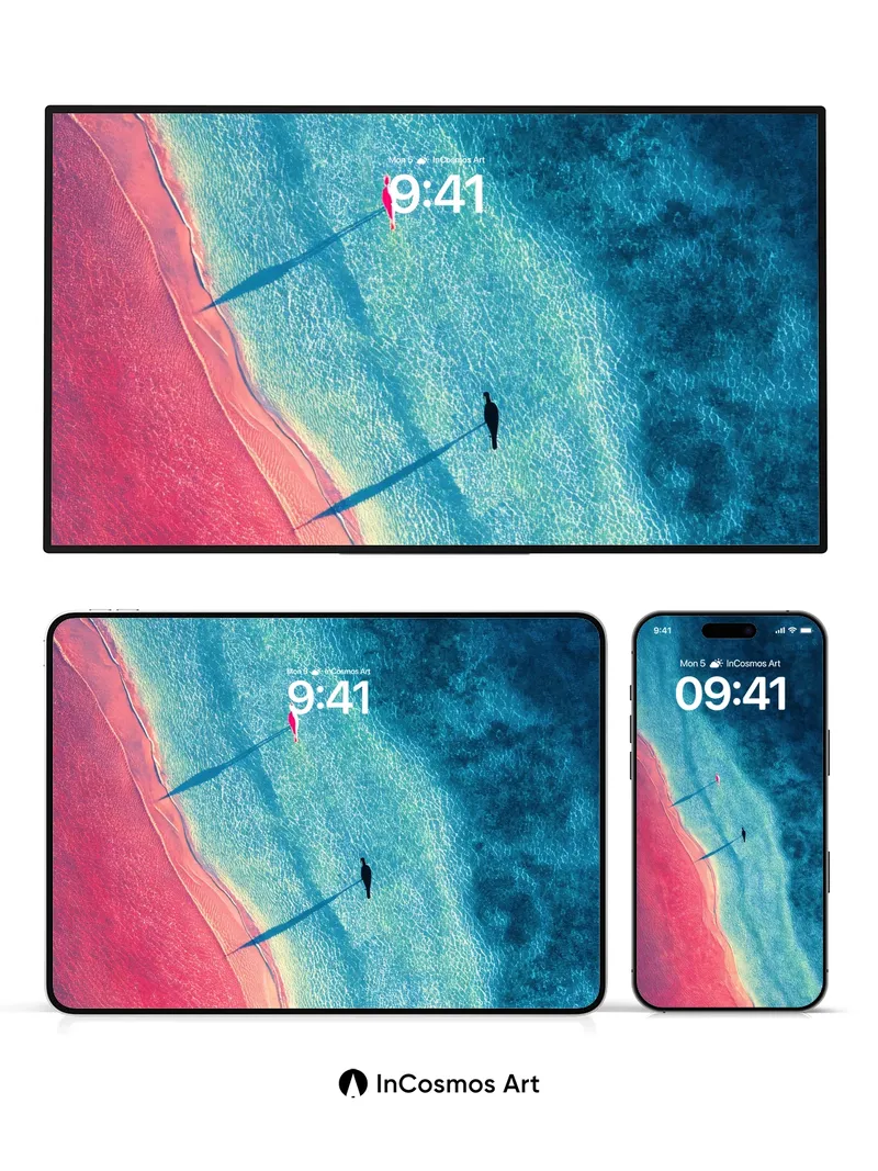 Surreal Shoreline Wallpaper with Floating Silhouettes