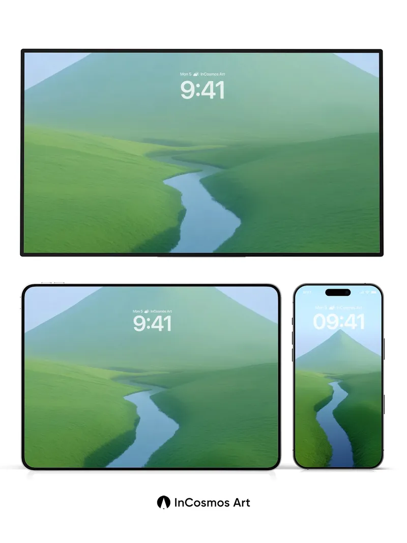 Serene River Valley Wallpaper with Mist-Crowned Peak