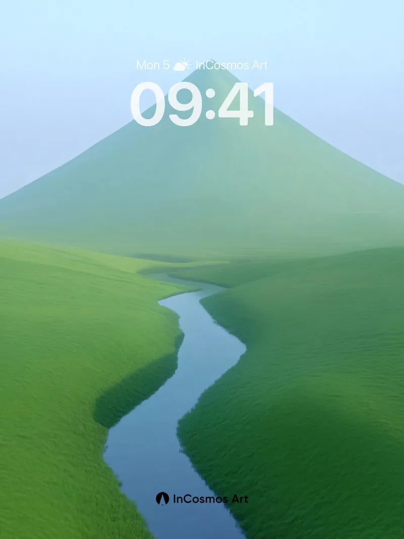 Serene River Valley Wallpaper with Mist-Crowned Peak