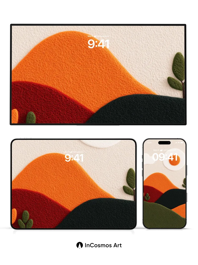 Sunny Felt Landscape Wallpaper with Textured Hills