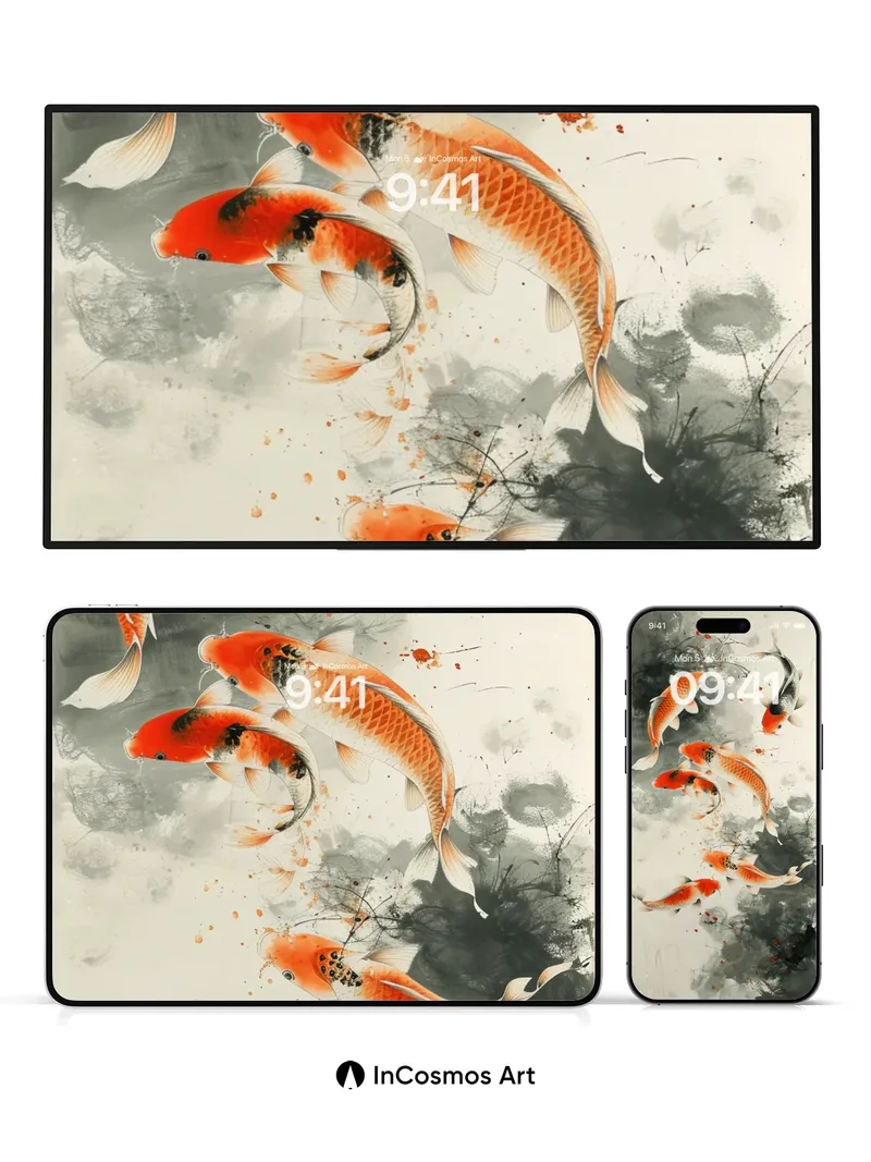 Serene Koi Watercolor Wallpaper with Ink Mist