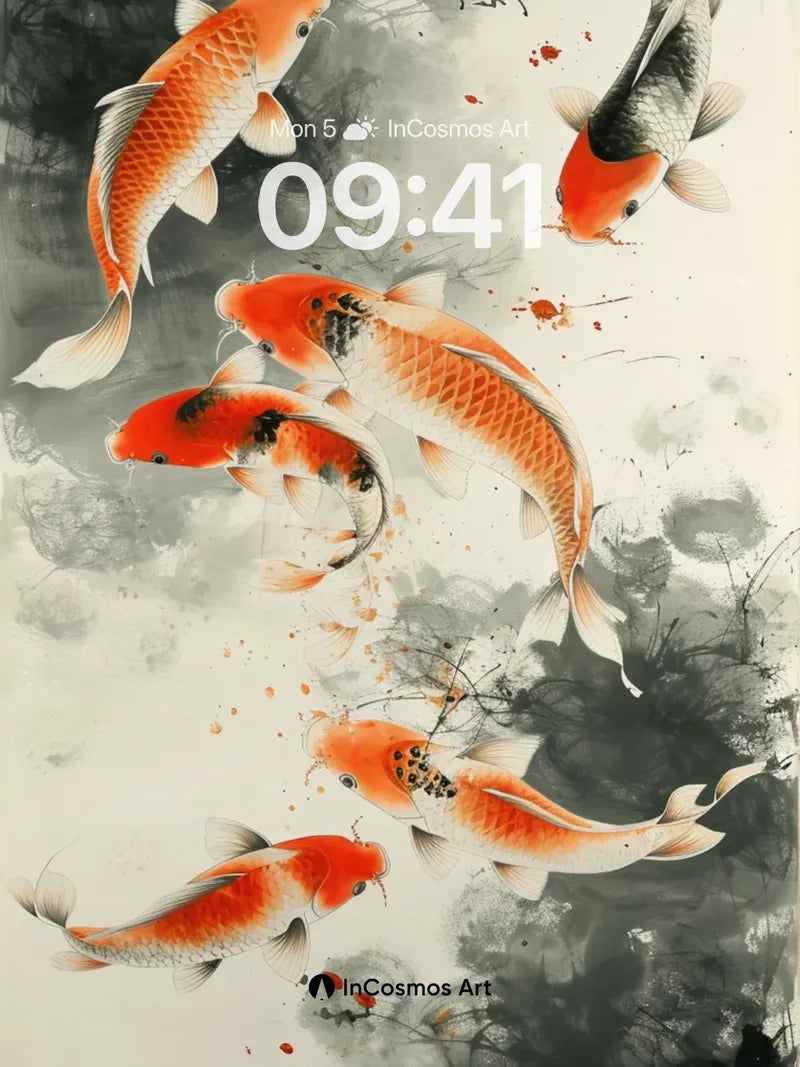 Serene Koi Watercolor Wallpaper with Ink Mist
