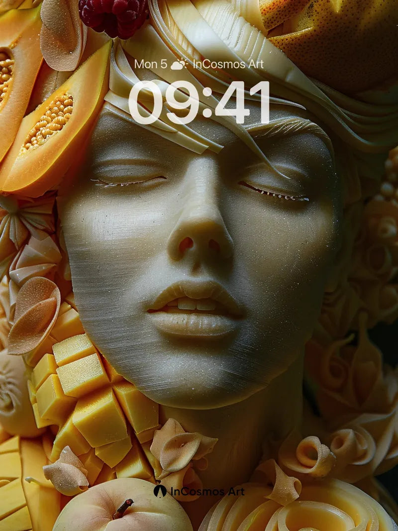Serene Fruit Sculpture Wallpaper with Golden Hues wallpaper for iPhone, iPad & Mac