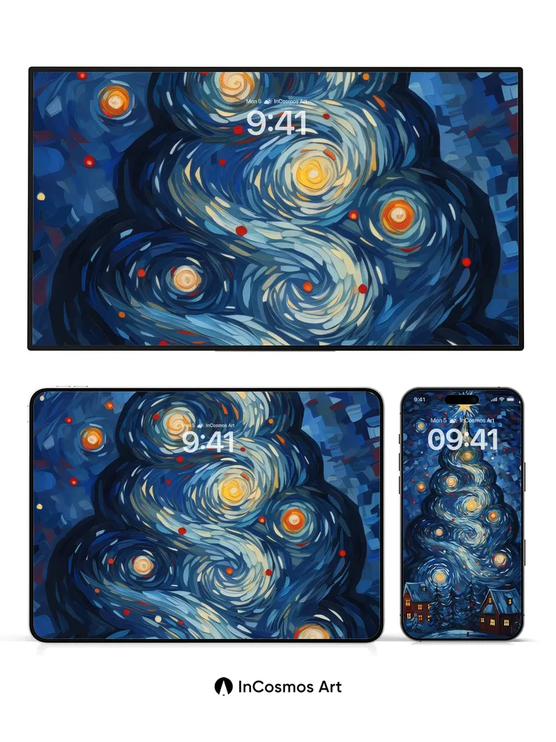 Starry Night Christmas Wallpaper with Swirling Light