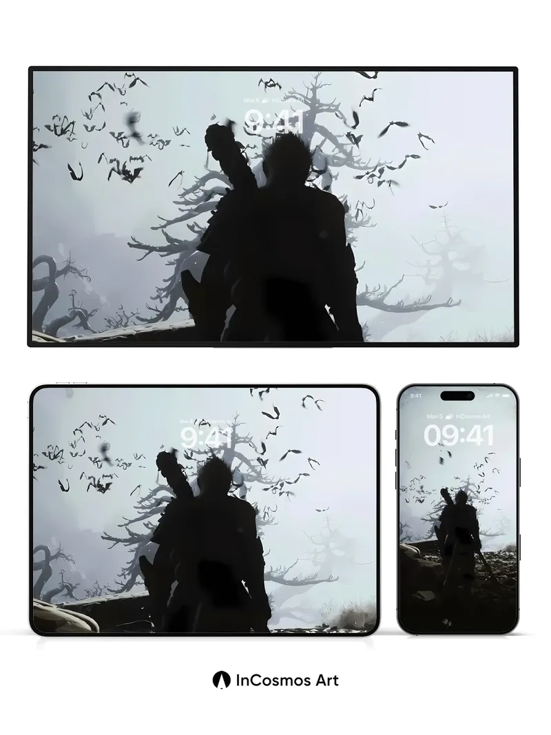 Silhouetted Wanderer Wallpaper with Flying Shadows