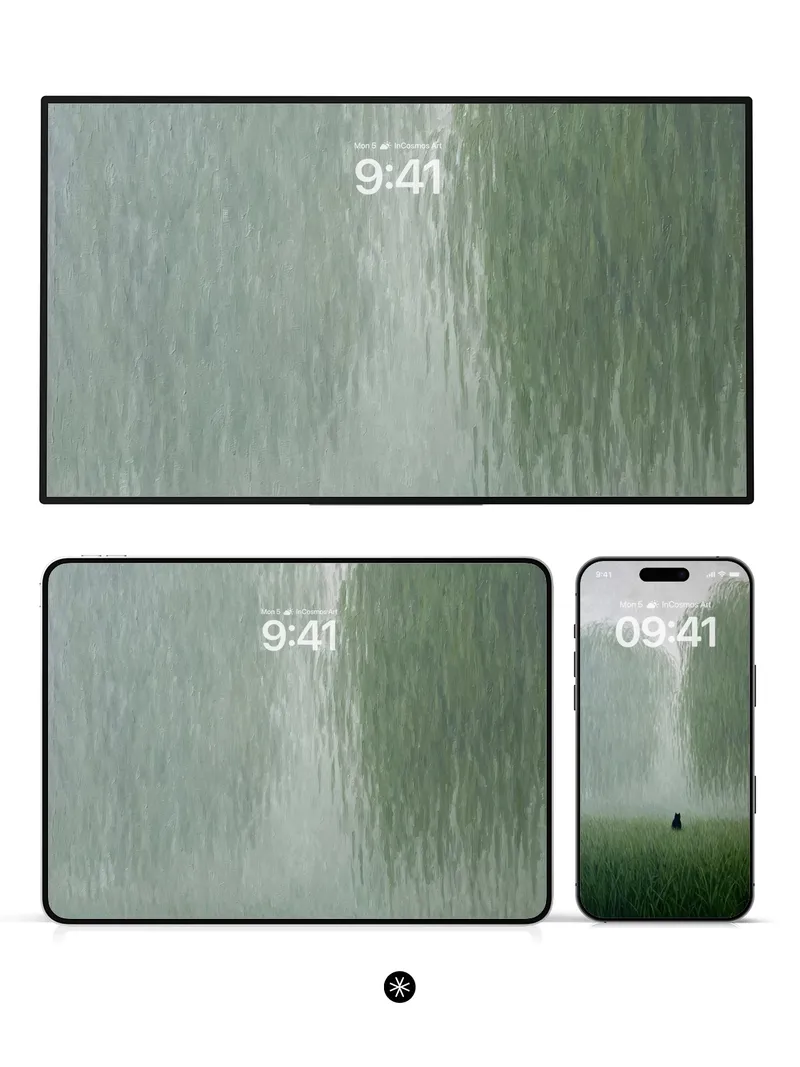 Serene Willow Mist Wallpaper with Solitary Cat