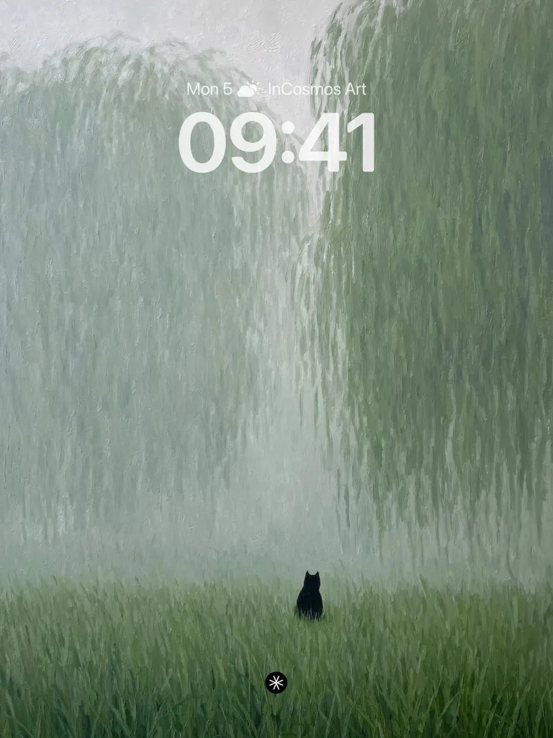 Serene Willow Mist Wallpaper with Solitary Cat