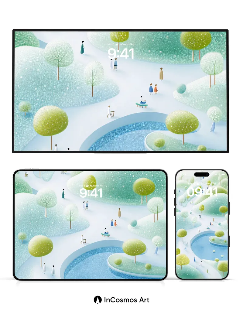 Serene Snowdrift Wallpaper with Floating Trees