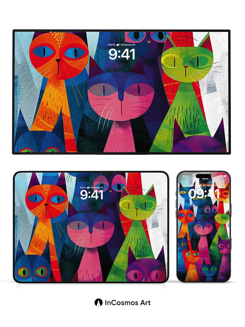 Rainbow Feline Wallpaper with Geometric Whispers