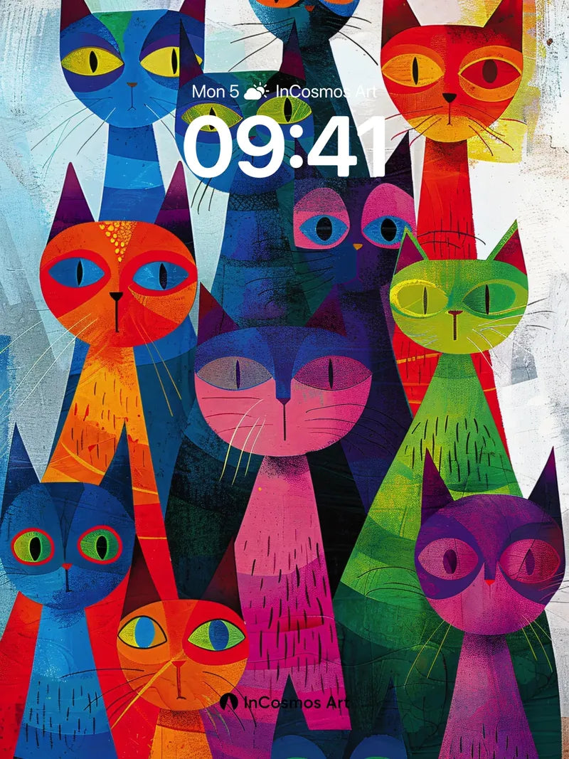 Rainbow Feline Wallpaper with Geometric Whispers