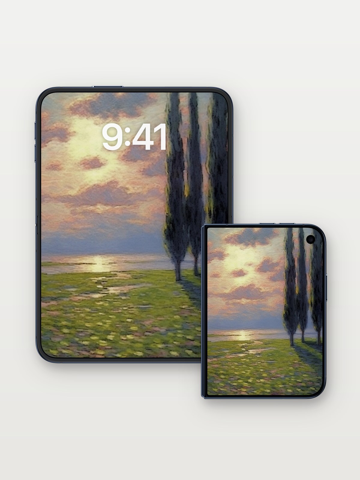 Serenity at Dusk Wallpaper with Cypress Silhouettes on iPhone Duo, open and closed