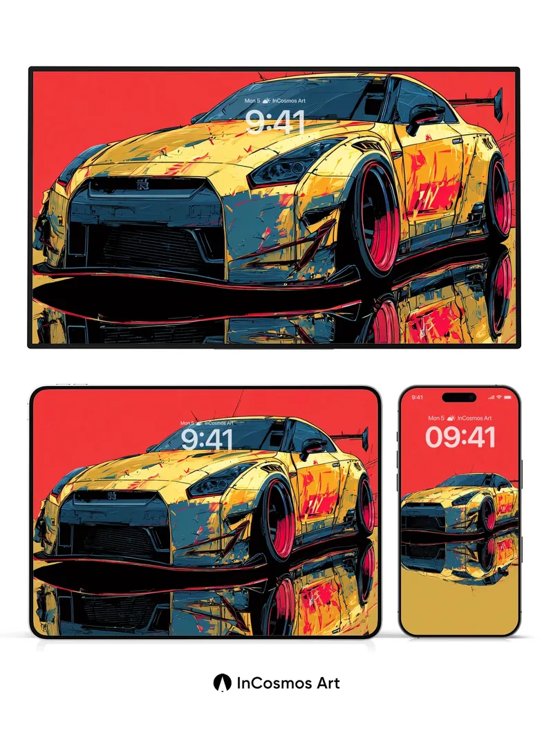 Neon Pulse Wallpaper with Reflective Chrome