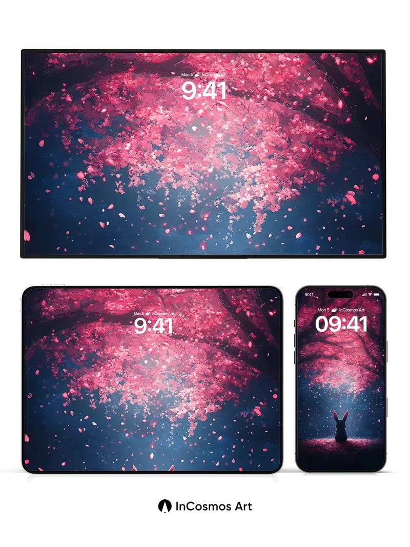 Serenity Under Cherry Canopy Wallpaper with Bunny Silhouette