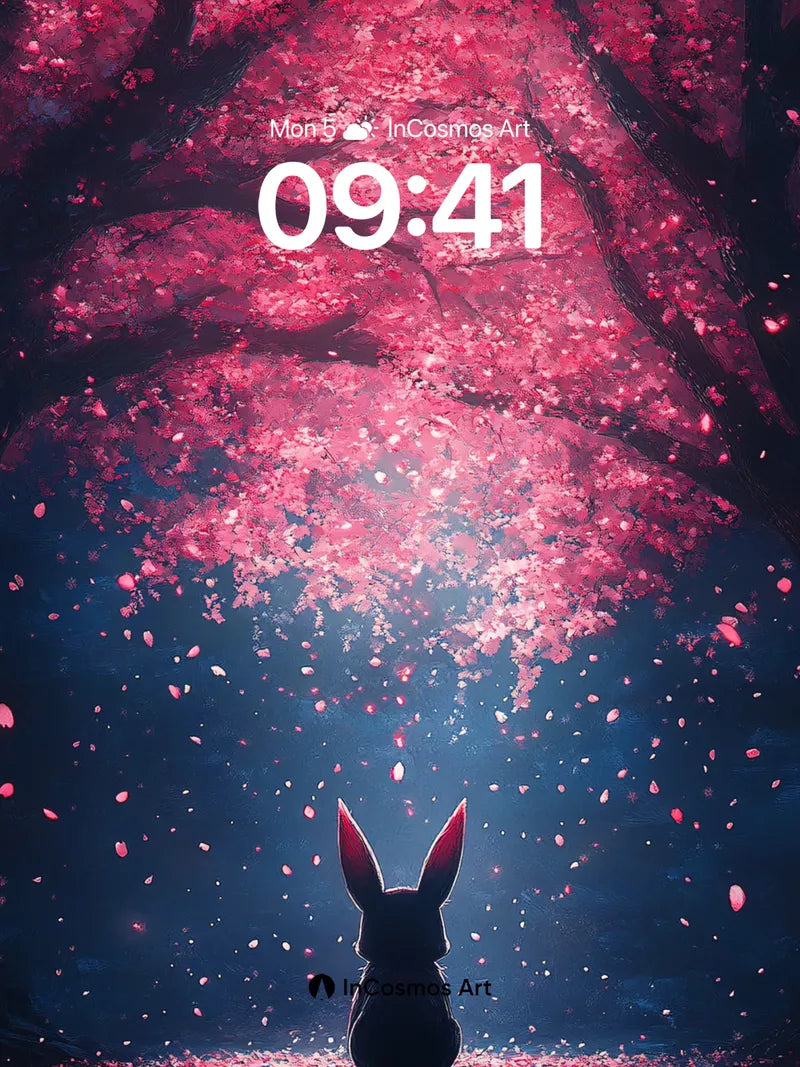 Serenity Under Cherry Canopy Wallpaper with Bunny Silhouette