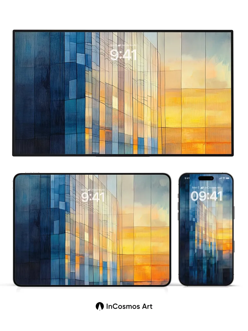 Cobalt Reflections Wallpaper with Sunset Geometry