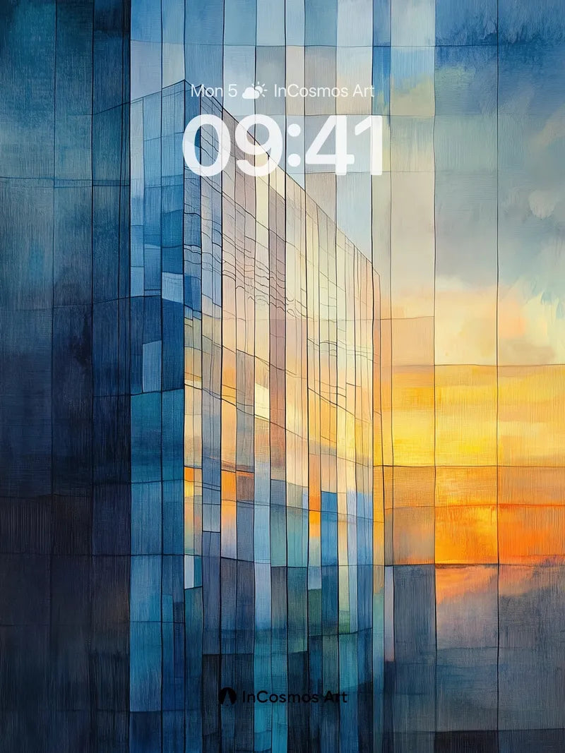 Cobalt Reflections Wallpaper with Sunset Geometry