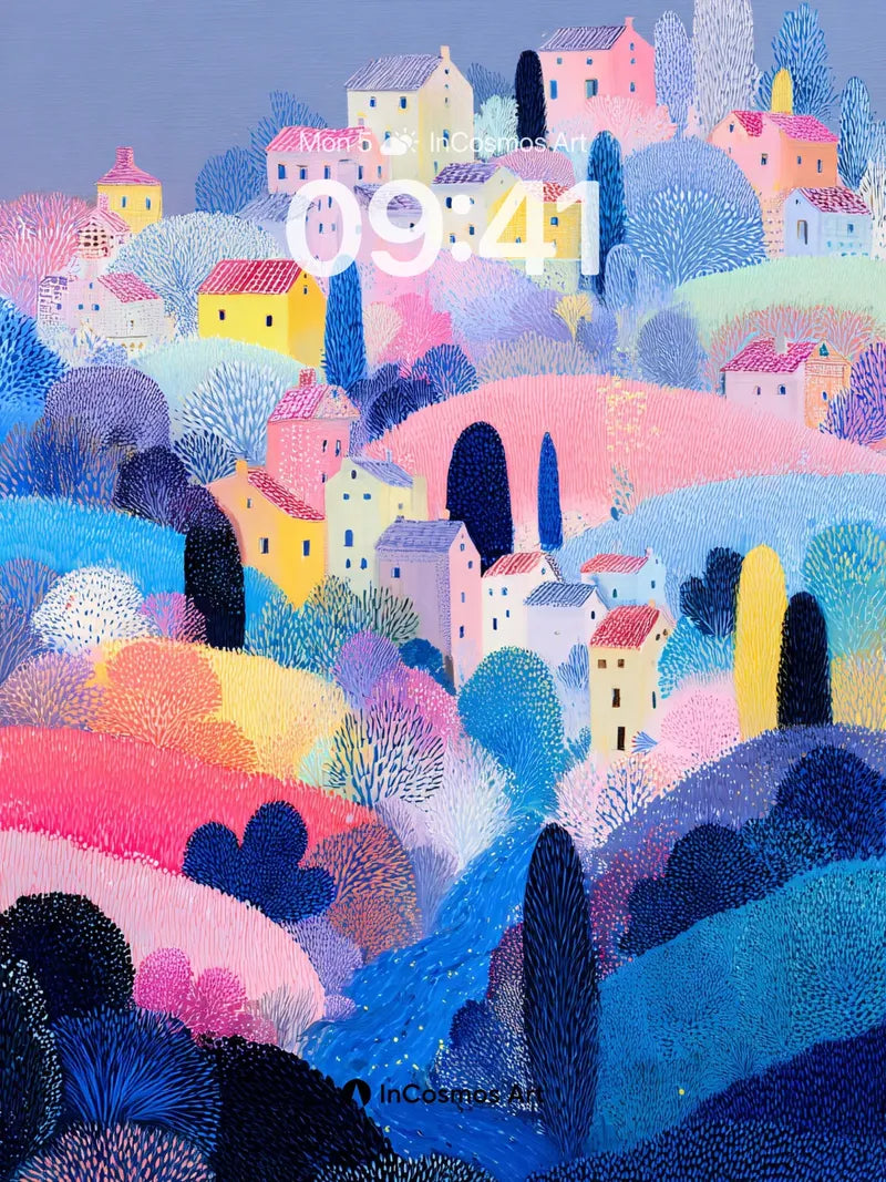 Pastel Hillside Village Wallpaper with Textured Dots wallpaper for iPhone, iPad & Mac