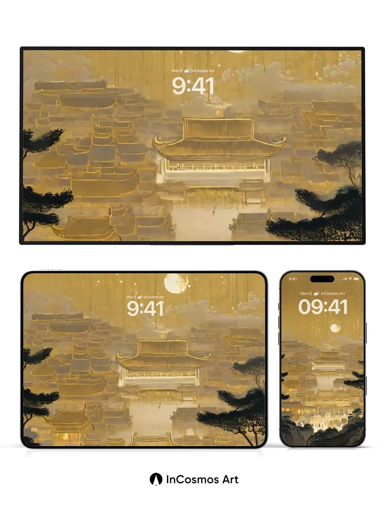 Golden Reverie Wallpaper with Celestial Rain