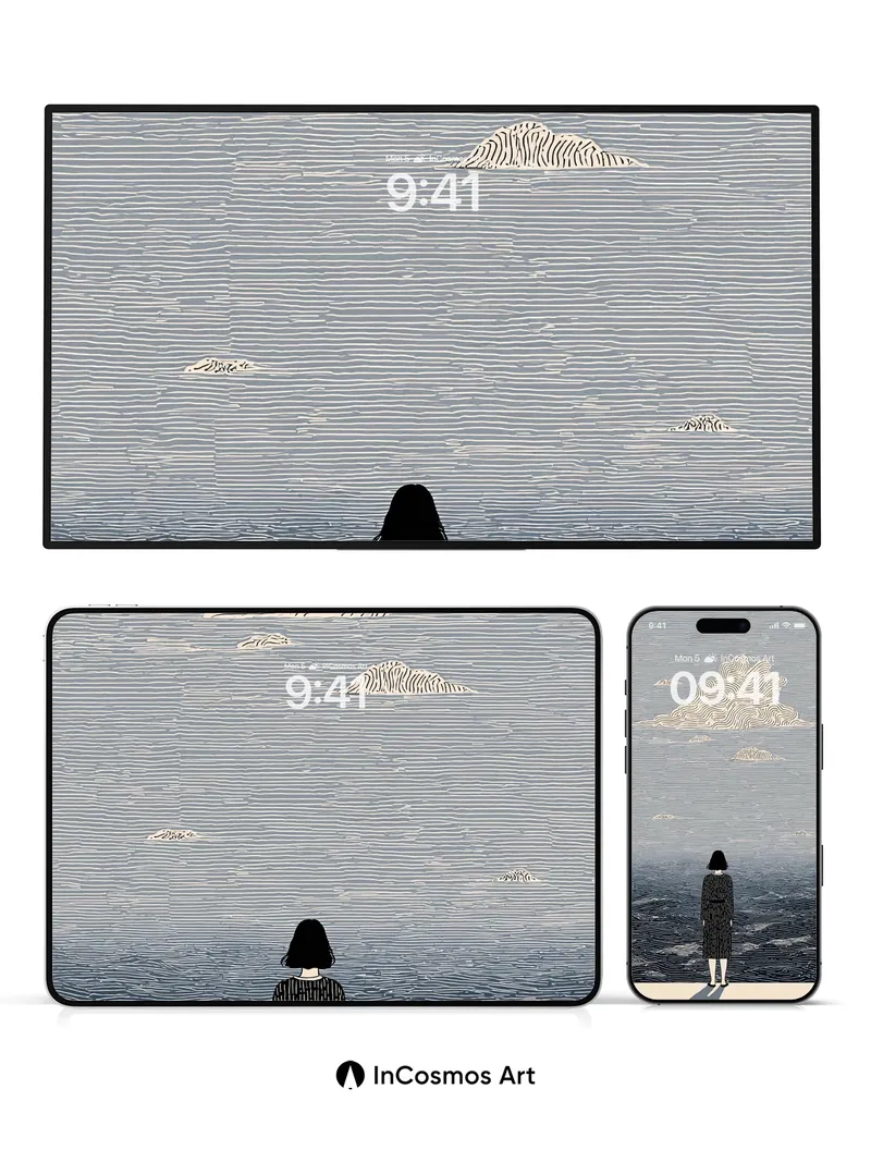 Serenity Wave Wallpaper with Inked Clouds