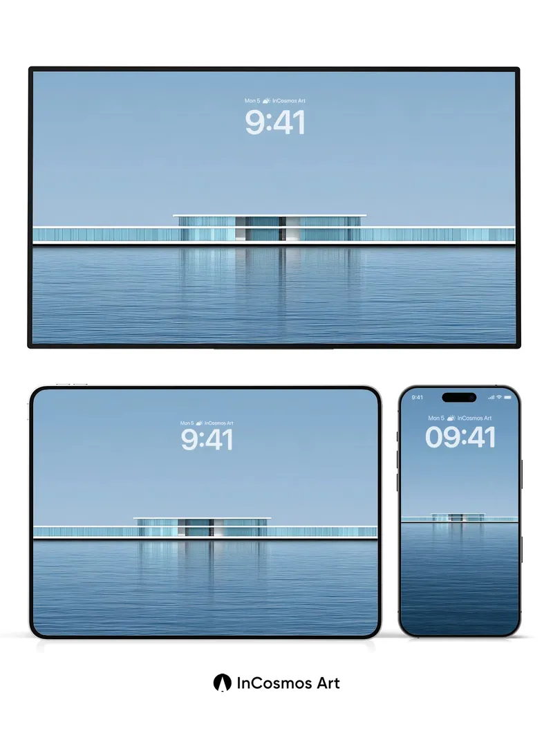 Serene Horizon Wallpaper with Floating Glass Pavilion