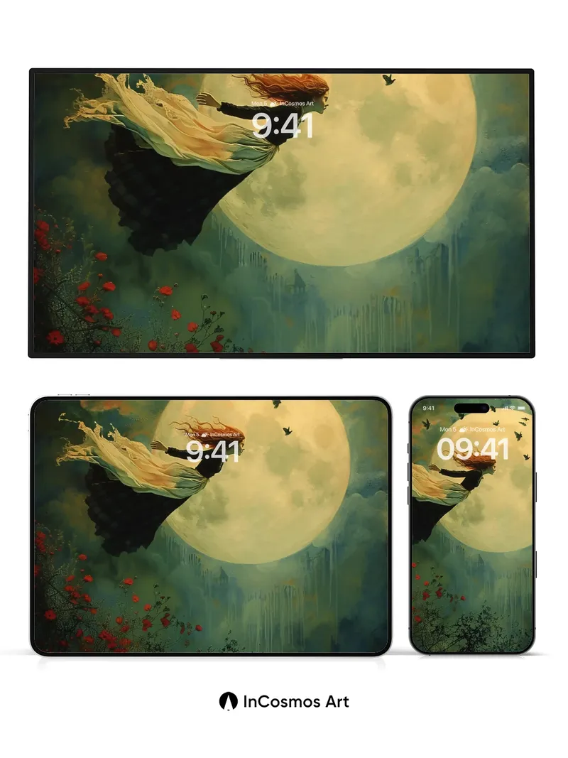 Lunar Drift Wallpaper with Crimson Bloom