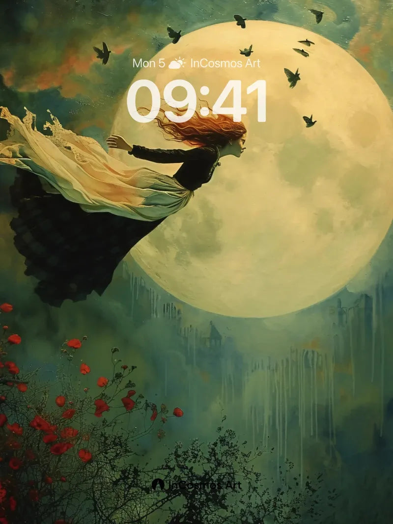 Lunar Drift Wallpaper with Crimson Bloom