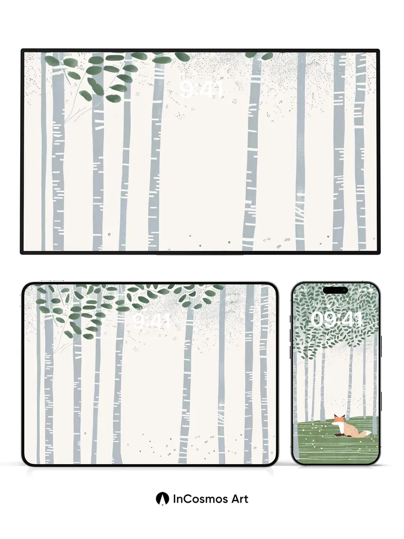 Whispering Birch Wallpaper with Fox in Stillness