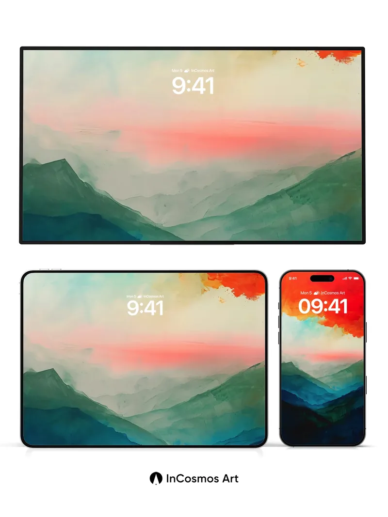 Crimson Horizon Wallpaper with Mist-Weaved Peaks