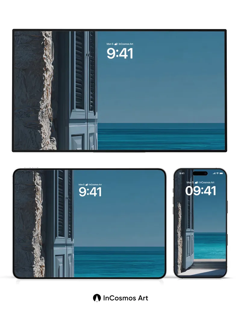 Serenity Sea View Wallpaper with Weathered Stone Frame