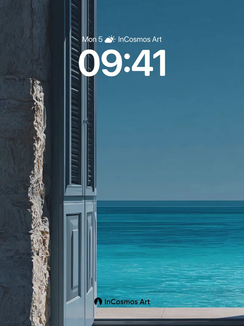 Serenity Sea View Wallpaper with Weathered Stone Frame