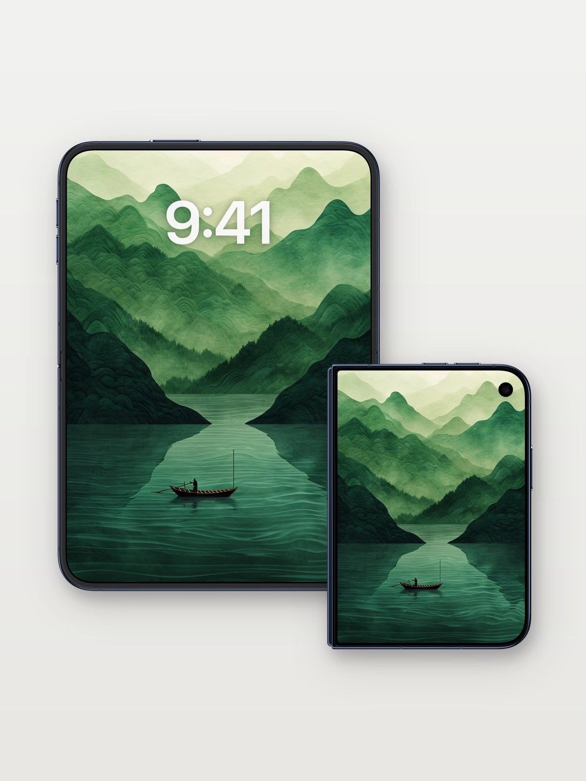 Misty Green Valley Wallpaper with Solitary Boat on iPhone Duo, open and closed