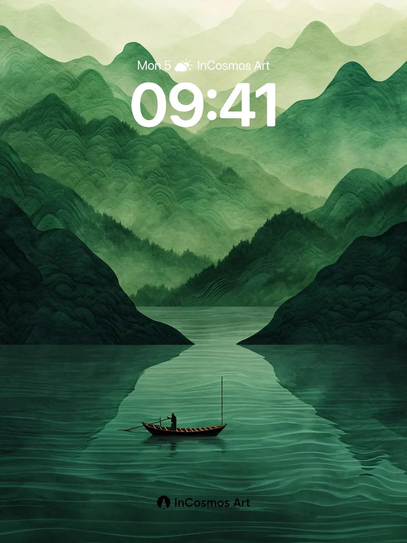 Misty Green Valley Wallpaper with Solitary Boat wallpaper for iPhone, iPad & Mac